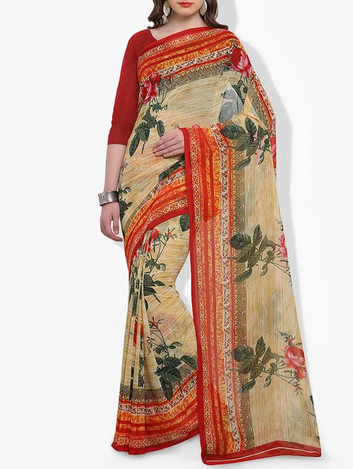 beige georgette printed saree with blouse - 14951365 - Very Small Image - 1