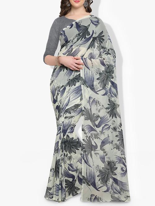 grey georgette printed saree with blouse - 14951383 - Very Small Image - 1