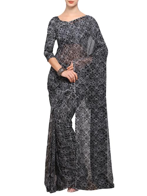 grey crepe printed saree with blouse - 14952619 - Very Small Image - 1