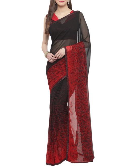 black georgette printed saree with blouse - 14952941 - Very Small Image - 1