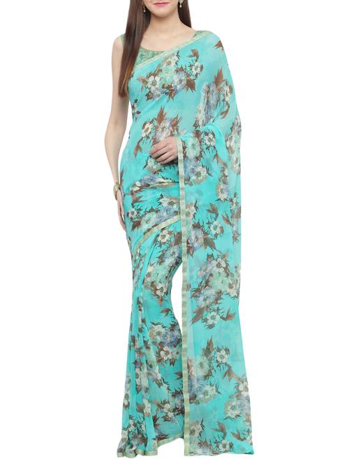 women's solid with work turquoise colored saree with blouse - 14952973 - Very Small Image - 1