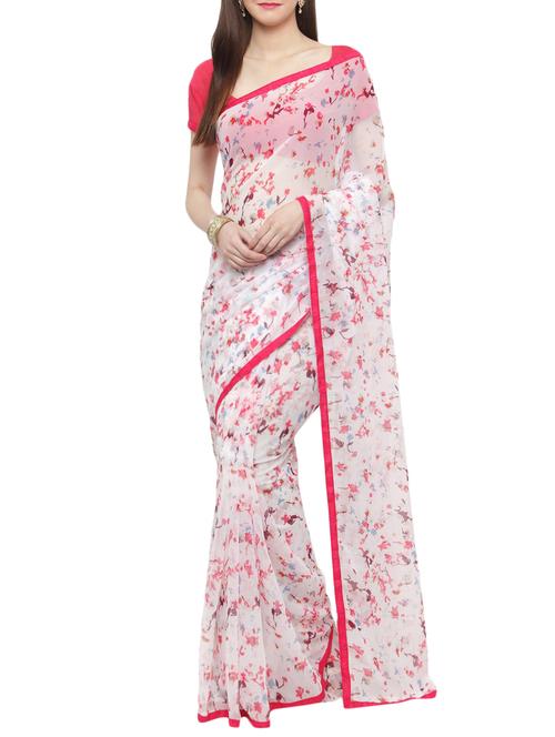 women's floral white colored saree with blouse - 14952992 - Very Small Image - 1
