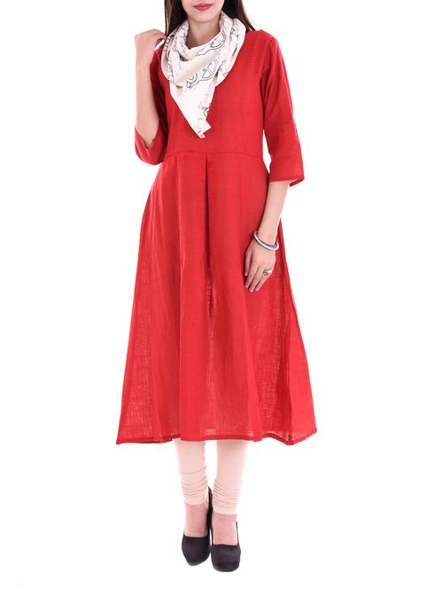 red cotton flared kurta - 14953162 - Very Small Image - 1