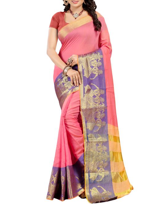 pink cotton bordered saree with blouse - 14956580 - Very Small Image - 1