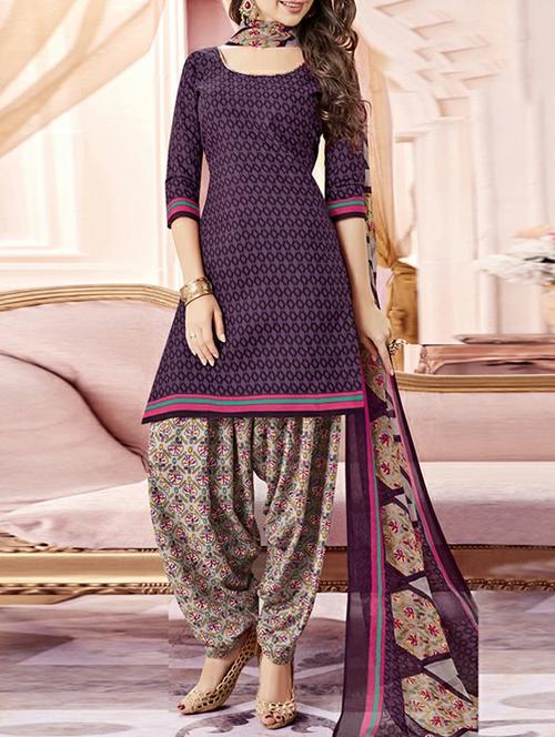 purple cotton unstitched suit - 14957269 - Very Small Image - 1