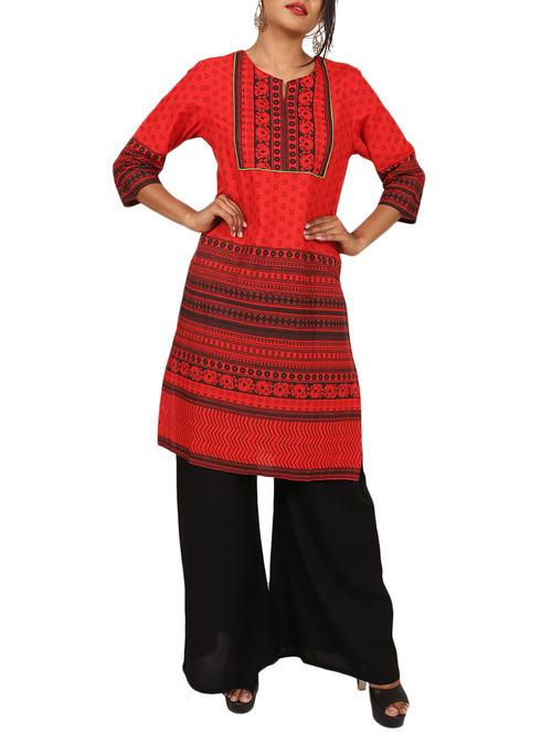 red cotton straight kurta - 14960297 - Very Small Image - 1