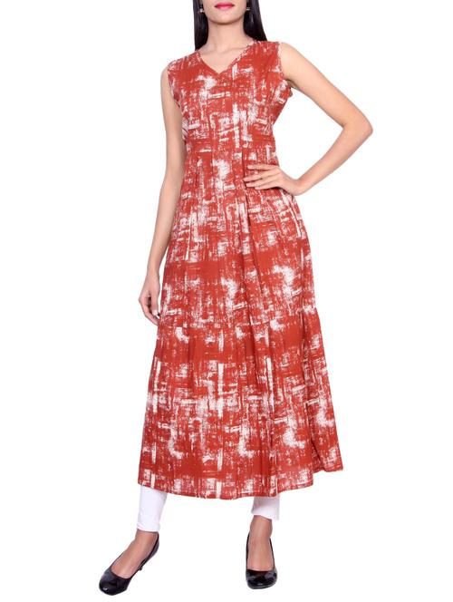 red cotton flared kurta - 14960975 - Very Small Image - 1