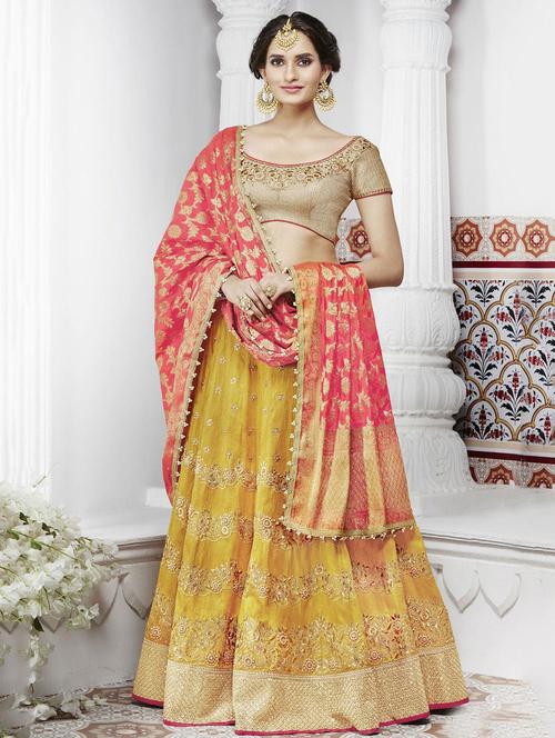 yellow silk flared lehenga - 14961072 - Very Small Image - 1