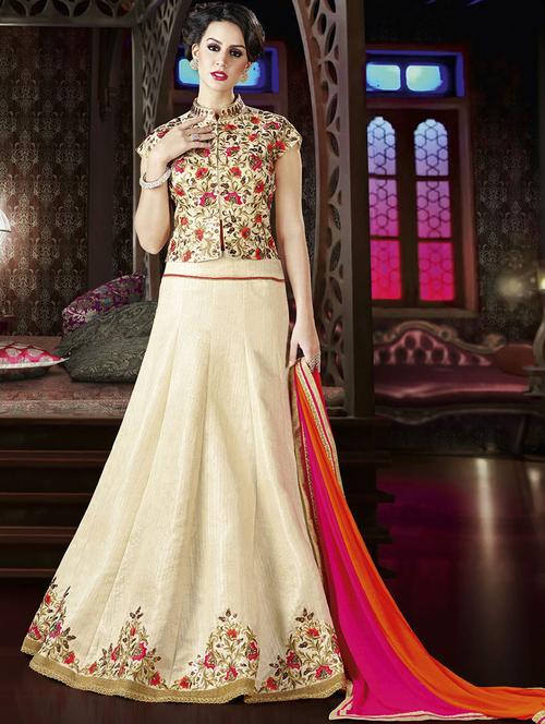 beige satin panelled lehenga - 14961117 - Very Small Image - 1