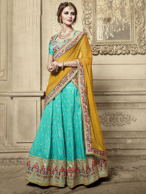 blue silk flared lehenga - 14961121 - Very Small Image - 1
