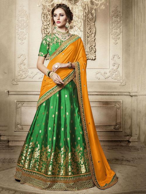 green silk flared lehenga - 14961122 - Very Small Image - 1