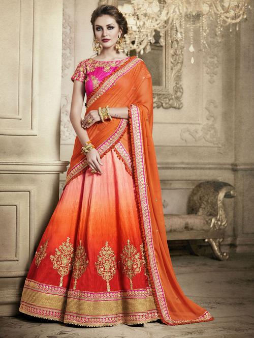 orange silk flared lehenga - 14961125 - Very Small Image - 1