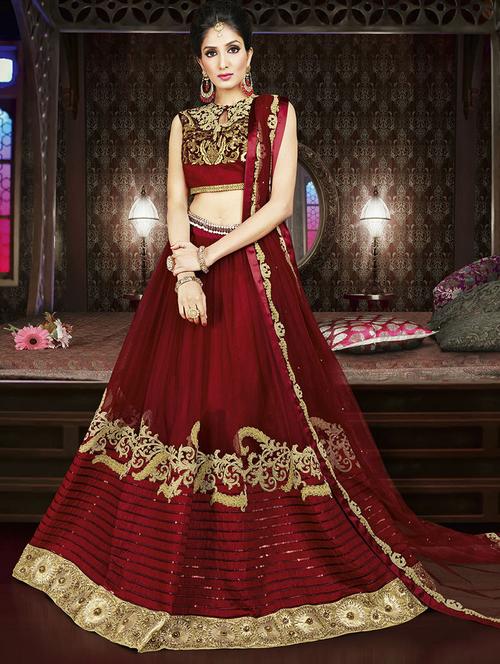 maroon net flared lehenga - 14961127 - Very Small Image - 1