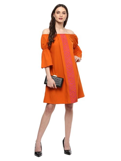 orange block printed off shoulder dress - 14962983 - Very Small Image - 1