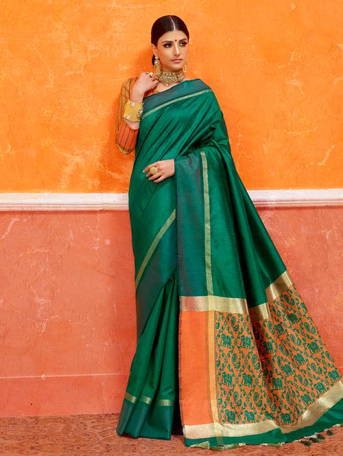 green silk tussar saree with blouse - 14966711 - Very Small Image - 1