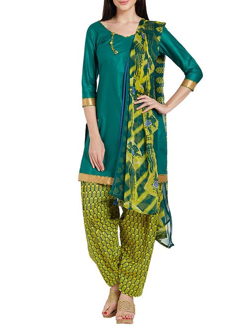 green cotton patiyala suits unstitched suit - 14967800 - Very Small Image - 1