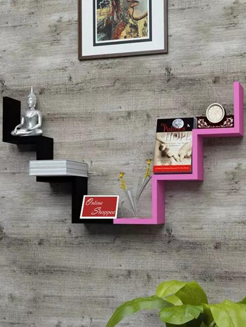 handicrafted w shape designer mdf wall shelf - set of 2 - pink & black - 14970229 - Very Small Image - 1