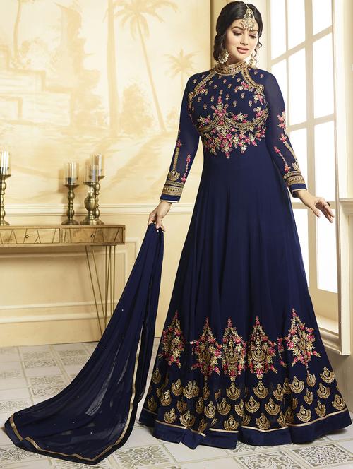 blue embroidered semi-stitched anarkali suit - 14972933 - Very Small Image - 1