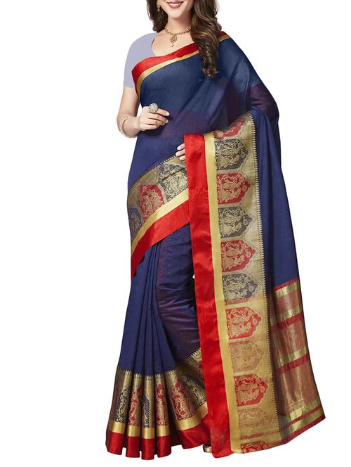 navy blue cotton blend bordered saree with blouse - 14979005 - Very Small Image - 1