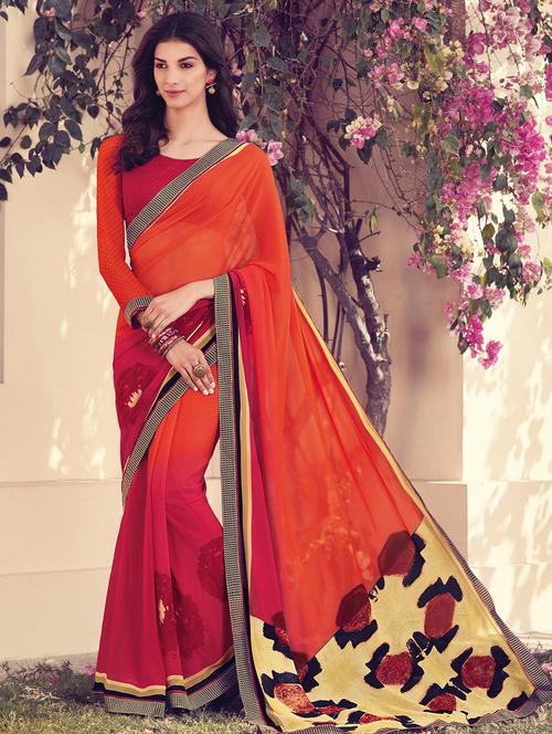 red georgette printed saree with blouse - 14979613 - Very Small Image - 1