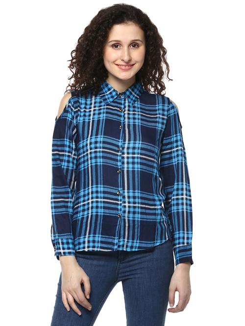 blue checkered cold shoulder shirt - 14980417 - Very Small Image - 1