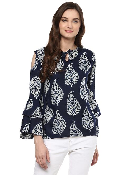 blue printed cold shoulder top - 14980469 - Very Small Image - 1