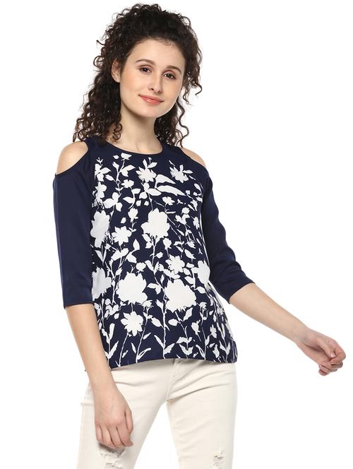 blue printed cold shoulder top - 14980481 - Very Small Image - 1