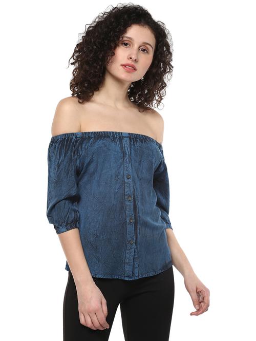 blue off shoulder denim top - 14980522 - Very Small Image - 1