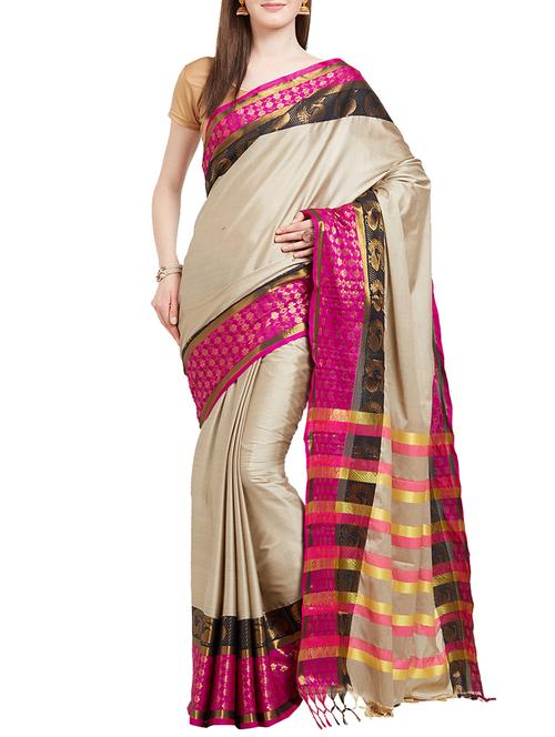 beige cotton silk bordered saree with blouse - 14980630 - Very Small Image - 1
