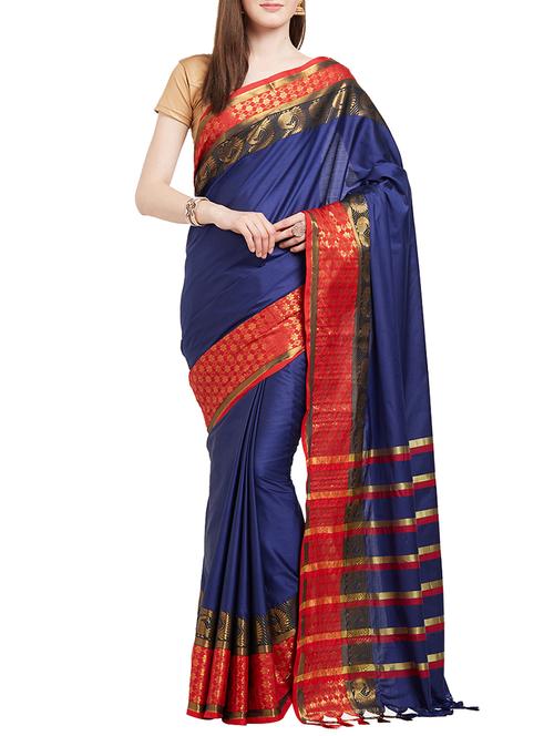 blue cotton silk bordered saree with blouse - 14980631 - Very Small Image - 1