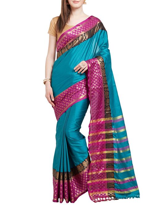 turquoise cotton silk bordered saree with blouse - 14980632 - Very Small Image - 1