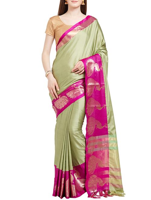 olive green cotton silk bordered saree with blouse - 14980634 - Very Small Image - 1