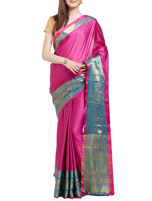 magenta cotton silk bordered saree with blouse - 14980642 - Very Small Image - 1
