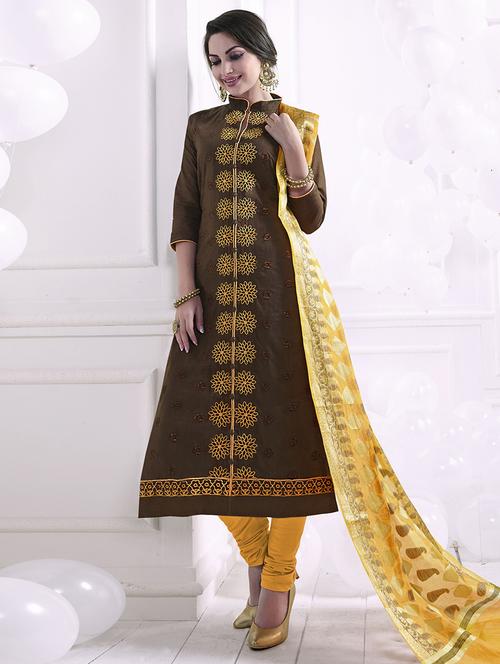 brown churidaar suits unstitched suit set - 14985785 - Very Small Image - 1