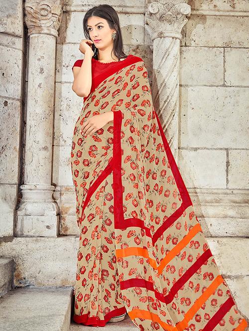 beige georgette printed saree - 14986451 - Very Small Image - 1