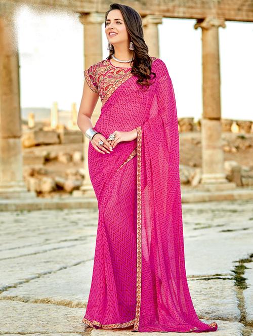 pink georgette printed saree with blouse - 14986583 - Very Small Image - 1