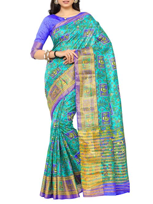 turquoise raw silk printed sare - 14989102 - Very Small Image - 1