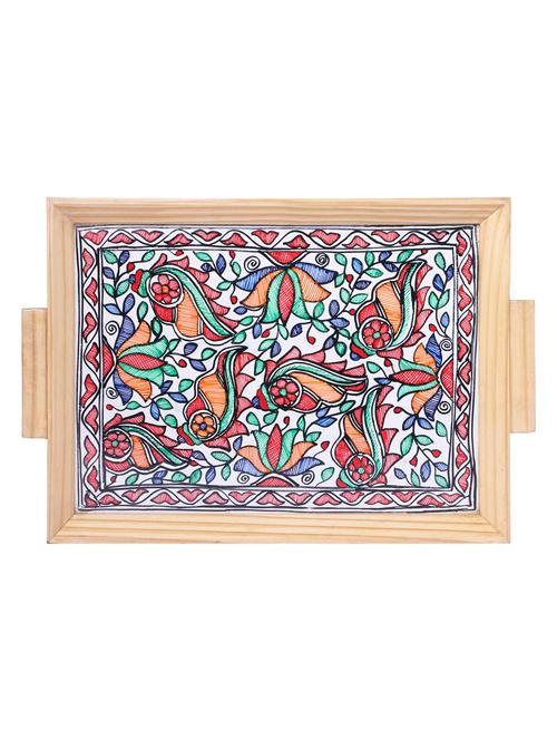 madhubani folk art decorative tray with floral art - 14989994 - Very Small Image - 1