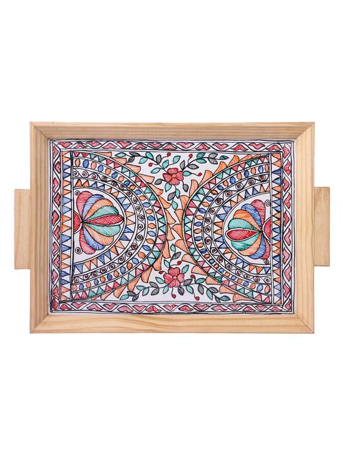 madhubani folk art decorative tray with mithila floral art - 14989998 - Very Small Image - 1