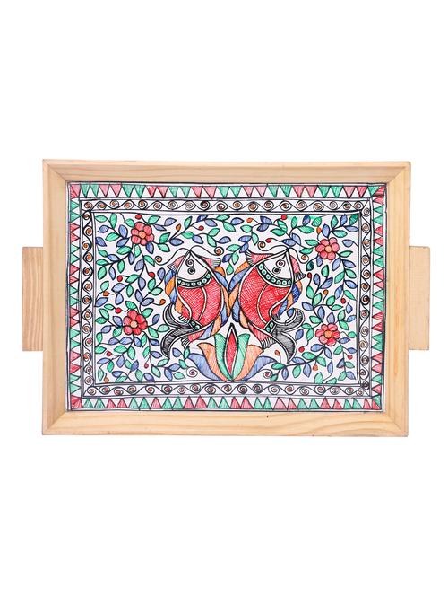 madhubani folk art decorative tray with auspicious fishes - 14989999 - Very Small Image - 1