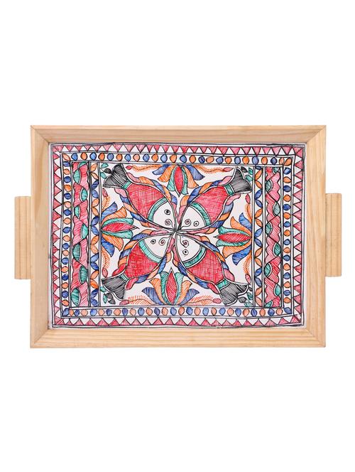 madhubani folk art decorative tray with auspicious multicolored fishes - 14990000 - Very Small Image - 1