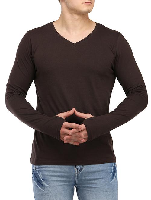 brown solid thumb hole t-shirt - 14990203 - Very Small Image - 1
