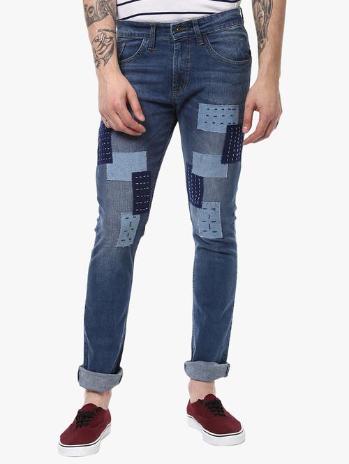 blue cotton patched jeans - 14993723 - Very Small Image - 1