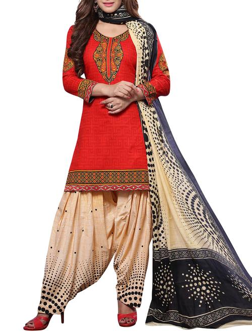 red printed unstitched salwar suit set - 14996367 - Very Small Image - 1