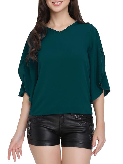 v-neck slit sleeves solid top - 14997582 - Very Small Image - 1