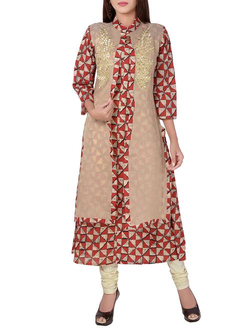 red cotton layered kurta - 15000545 - Very Small Image - 1
