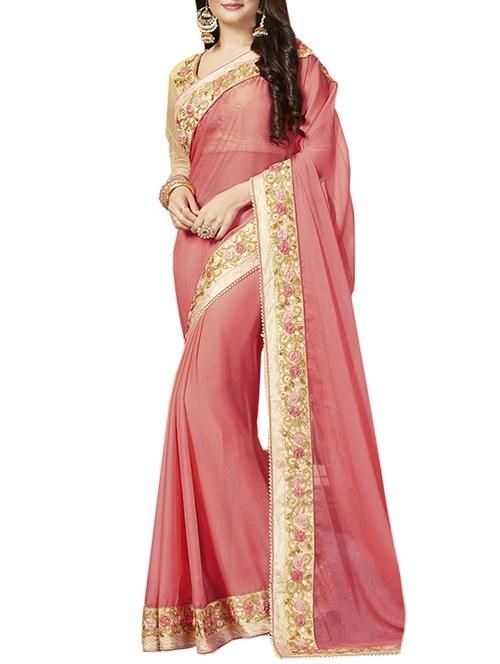 pink georgette bordered saree with blouse - 15001056 - Very Small Image - 1