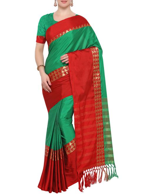 green cotton blend bordered saree with blouse - 15001545 - Very Small Image - 1