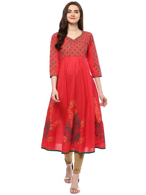 red cotton flared kurta - 15003491 - Very Small Image - 1
