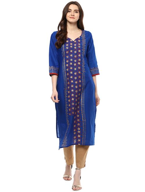blue cotton straight kurta - 15003497 - Very Small Image - 1